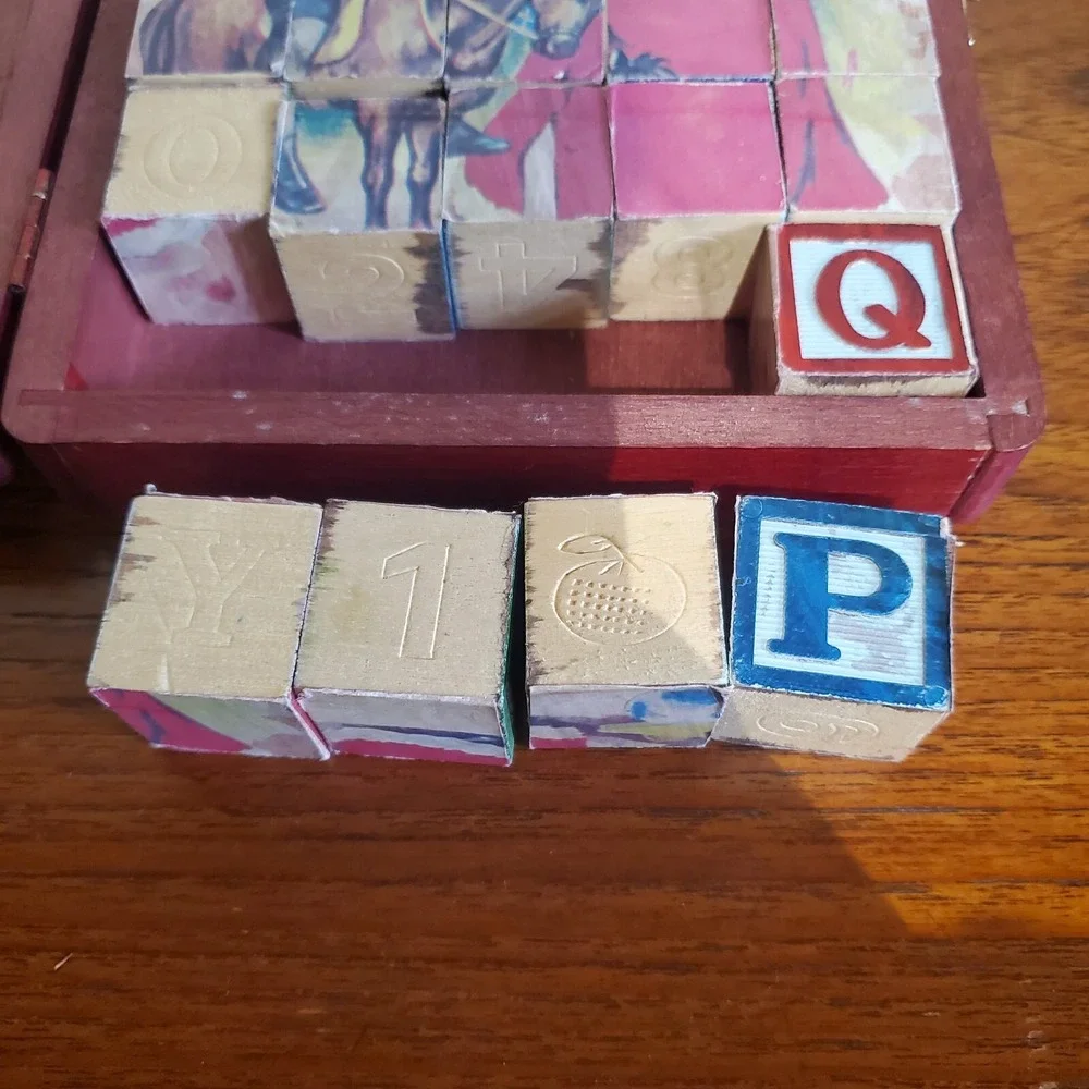 Vintage 6-Sided Wooden Toy Puzzle Blocks Set Complete 30pc Christmas Mornin' Box